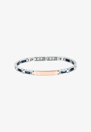 Bracciale a maglie in argento e oro rosa con inserti rettangolari blu scuro e una piastra centrale in oro rosa incisa con un simbolo a tridente.
