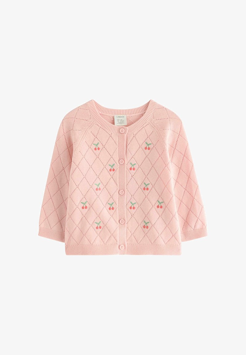 Cardigan lavorato a maglia di un rosa chiaro con un motivo a rombi e motivi di ciliegie ricamate. Presenta un collo rotondo e chiusura con bottoni.