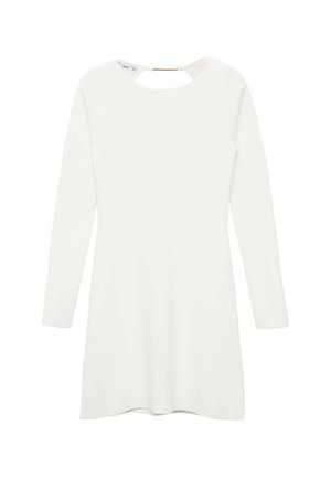 White long-sleeve dress with a round neckline and a keyhole back detail, featuring a smooth, textured fabric and a flared hemline.