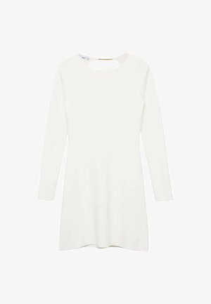 Robe blanche à manches longues avec un col rond et un détail en keyhole au dos, dotée d'un tissu lisse et texturé et d'un ourlet évasé.