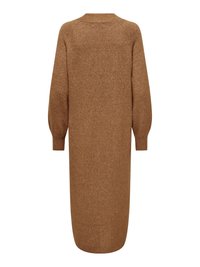 Robe longue en maille marron avec manches longues bouffantes, poignets côtelés et col, vue de dos sur fond blanc.