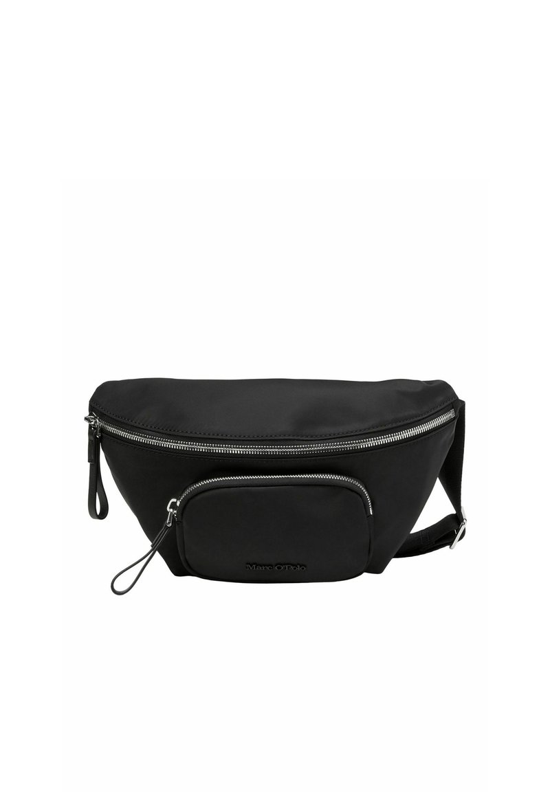 Schwarze Nylon-Gürteltasche mit glatter Textur, einem Hauptfach mit Reißverschluss und einer vorderen Tasche mit Reißverschluss. Verfügt über einen verstellbaren Gurt und ein Branding-Detail.