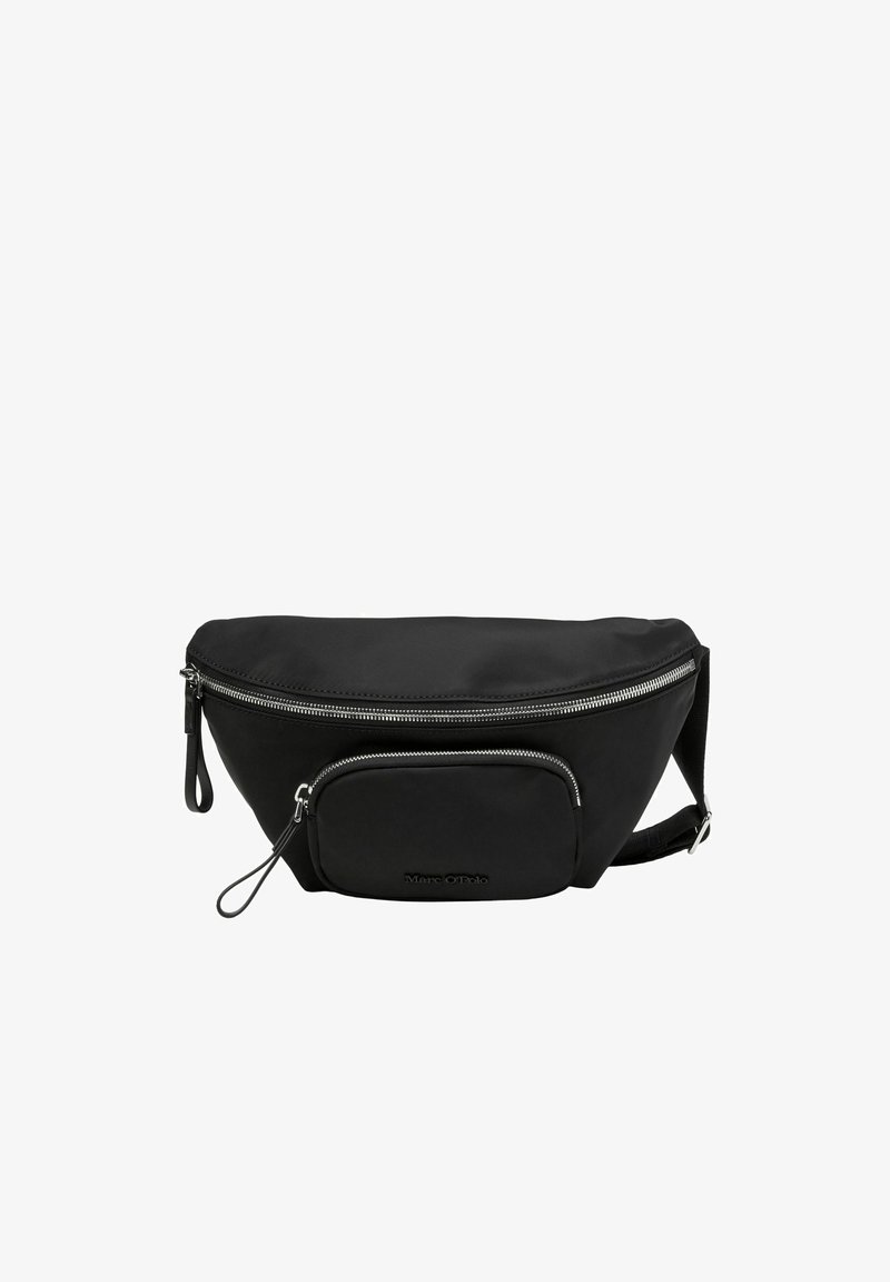 Schwarze Nylon-Gürteltasche mit glatter Textur, einem Hauptfach mit Reißverschluss und einer vorderen Tasche mit Reißverschluss. Verfügt über einen verstellbaren Gurt und ein Branding-Detail.