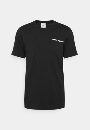Schwarzes T-Shirt aus Baumwolle mit kurzen Ärmeln, mit einem weißen "adidas originals"-Logo auf der linken Brust. Klassisches Rundhalsausschnitt-Design.