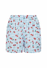 Blue gingham shorts featuring a cherry pattern in red and green. Elastic waistband, light fabric, and loose fit for comfort.