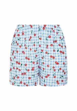 Blue gingham shorts featuring a cherry pattern in red and green. Elastic waistband, light fabric, and loose fit for comfort.