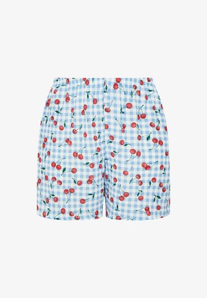 Blauwe geruite shorts met een kersenpatroon in rood en groen. Elastische tailleband, lichte stof en een losse pasvorm voor comfort.