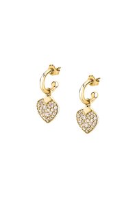 Orecchini a cerchio in oro con charm a forma di cuore, caratterizzati da una superficie di strass trasparenti, che aggiungono brillantezza e texture al design.
