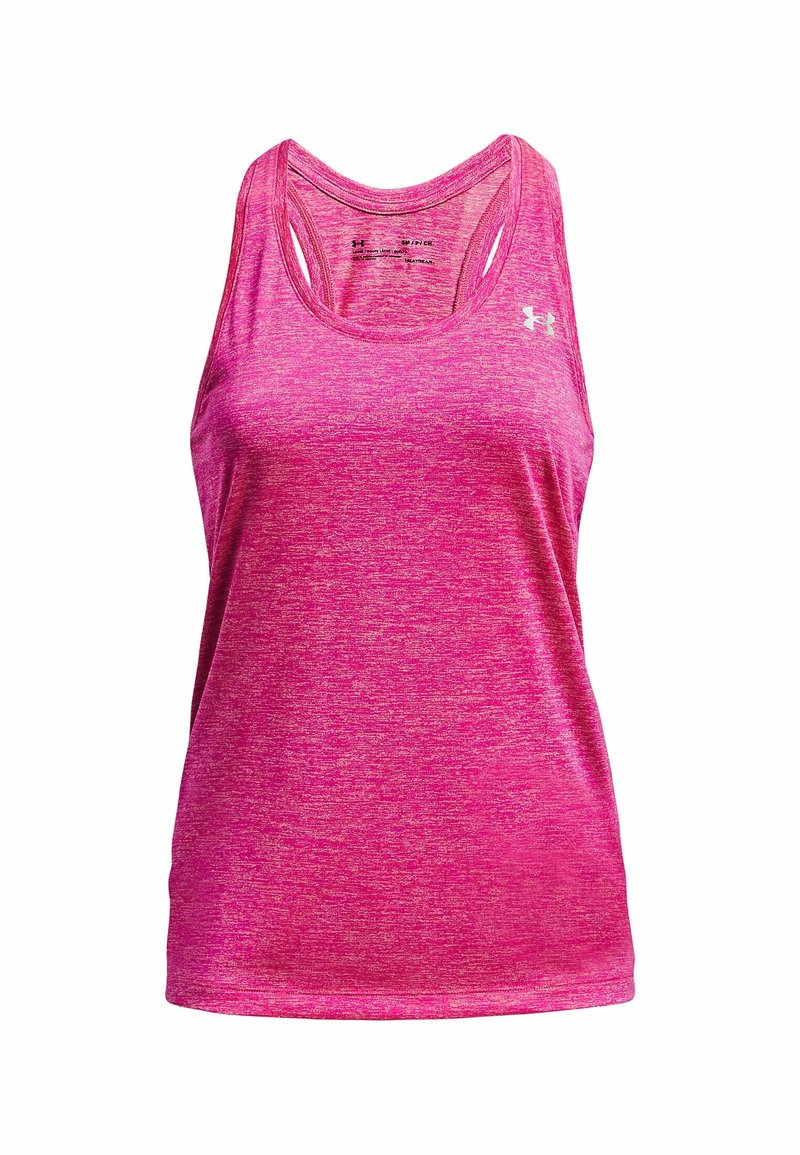 Débardeur de sport rose avec une texture chinée, col en U et design dos nageur ; présente un petit logo blanc en haut à gauche.