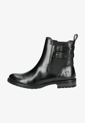 Black leather ankle boots with two silver buckles, elastic sides, slight shine, and a textured finish. Flat rubber sole for grip.