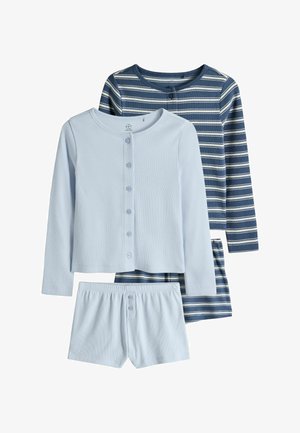 Set aus Kinder-Pyjamas mit langen Ärmeln und Knöpfen vorne, ein einfarbig hellblaues und ein dunkelblaues mit weißen Streifen, kombiniert mit passenden Shorts.