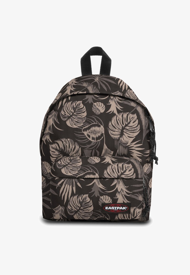 Zaino nero con motivo a foglie beige. Caratterizzato da una tasca frontale con cerniera, manico superiore e spallacci regolabili. Realizzato in tessuto resistente.