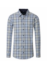 Langarm overhemd met een blauw, zwart en beige geruit patroon en een borstzak aan de voorkant.