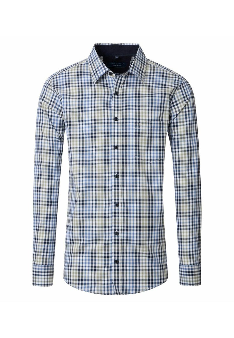 Langarm overhemd met een blauw, zwart en beige geruit patroon en een borstzak aan de voorkant.