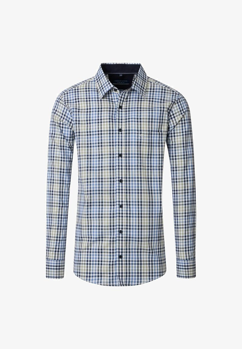 Langarm overhemd met een blauw, zwart en beige geruit patroon en een borstzak aan de voorkant.