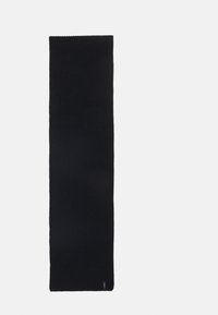 Sciarpa nera lavorata a maglia, di forma rettangolare, con un motivo di tessitura testurizzato, presenta un sottile etichetta del marchio nella parte inferiore. Materiale morbido, senza accenti visibili.