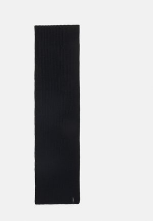 Sciarpa nera lavorata a maglia, di forma rettangolare, con un motivo di tessitura testurizzato, presenta un sottile etichetta del marchio nella parte inferiore. Materiale morbido, senza accenti visibili.