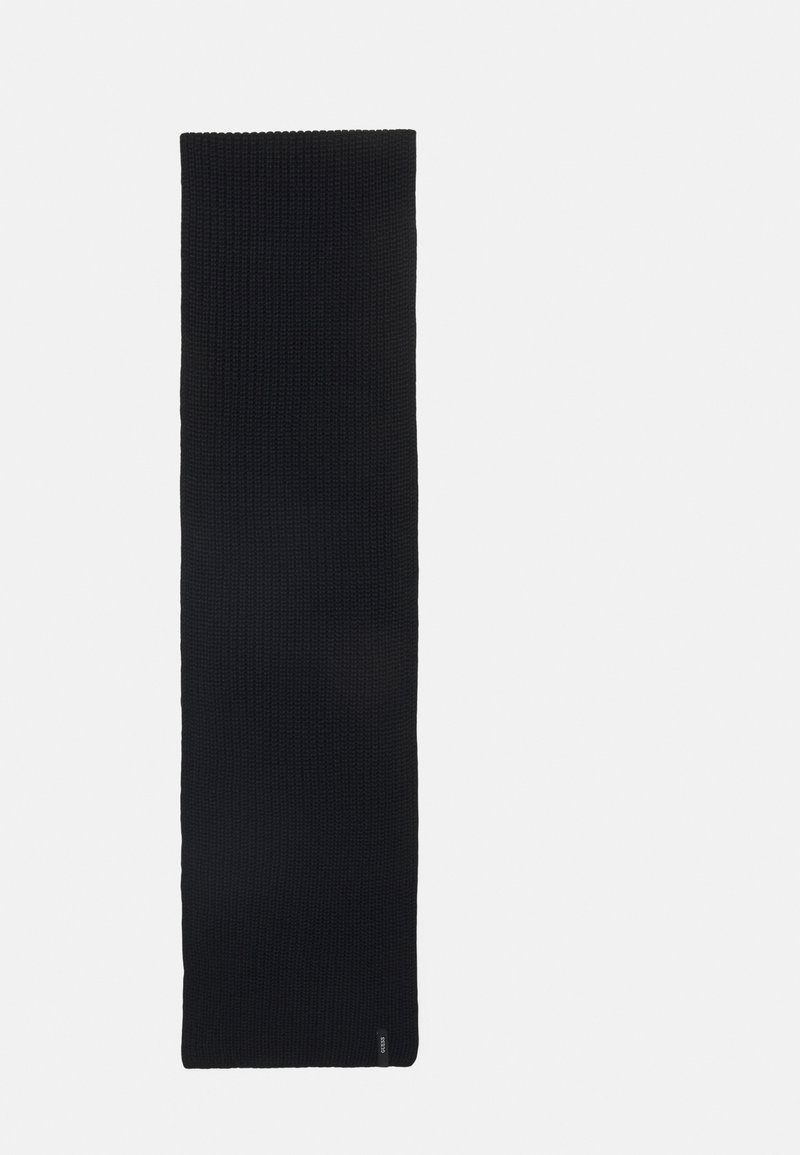 Sciarpa nera lavorata a maglia, di forma rettangolare, con un motivo di tessitura testurizzato, presenta un sottile etichetta del marchio nella parte inferiore. Materiale morbido, senza accenti visibili.