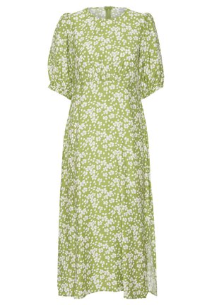 Robe florale verte avec un corsage ajusté et des manches bouffantes. Dispose d'une jupe à longueur genou avec un motif de fleurs blanches et une fermeture éclair à l'arrière.