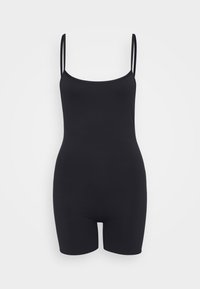 Black bodysuit featuring thin straps, a scoop neck, and a fitted design. Made from stretchy fabric, it has a seamless look and short leg length.