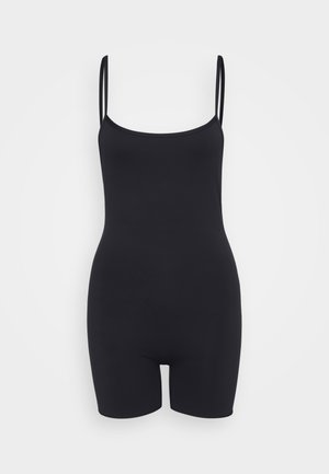 Body nero con spalline sottili, scollatura a giro e design aderente. Realizzato in tessuto elastico, presenta un aspetto senza cuciture e una lunghezza della gamba corta.