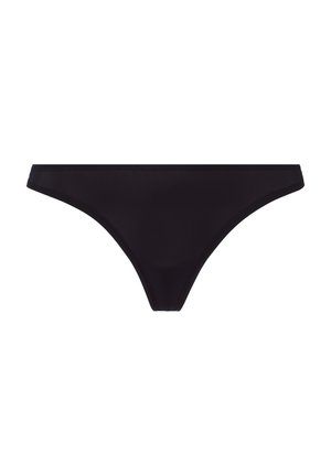 Schwarzer Bikiniunterteil aus glattem, dehnbarem Stoff. Besitzt einen tiefen Schnitt und minimale Abdeckung mit dünnen seitlichen Trägern.