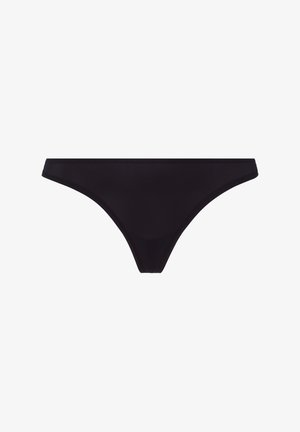 Black bikini bottom made of smooth, stretchy fabric. Features a low-rise cut and minimal coverage with thin side straps.