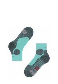 Zwei Paare von Knöchelsocken, die zusammen präsentiert werden, mit einer türkisfarbenen Basis und schwarzen sowie grauen Mustern, gestaltet für Komfort und Stil.
