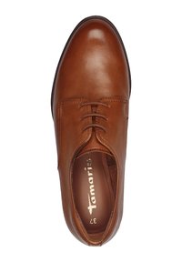Brown leather dress shoe features a smooth finish, rounded toe, and four eyelets with lacing. Interior displays brand logo and size.