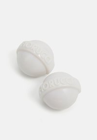White spherical hardware with a raised “Fiorucci” text band. Smooth, glossy finish with a clean design. No additional accents or patterns.