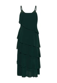 Robe midi sans manches vert foncé avec volants superposés et asymétriques, et fines bretelles.