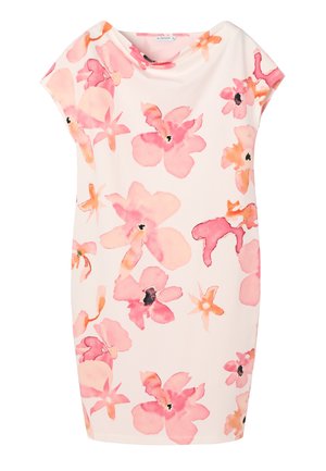 Vestito corto con stampa floreale rosa e arancione, con maniche a cuffia e scollo arrotondato su sfondo bianco.