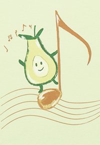 Grafik eines lächelnden Avocado-Charakters, der auf einer Musiknote steht, mit musikalischen Symbolen darüber und vor einem hellgrünen Hintergrund.