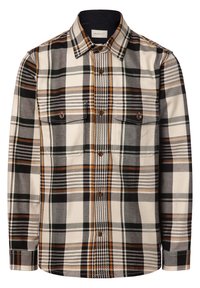 Langarm overhemdd met een bruin, zwart en crème ruitpatroon, borstzakken en een kraag, met het label GANT binnenin de nek.
