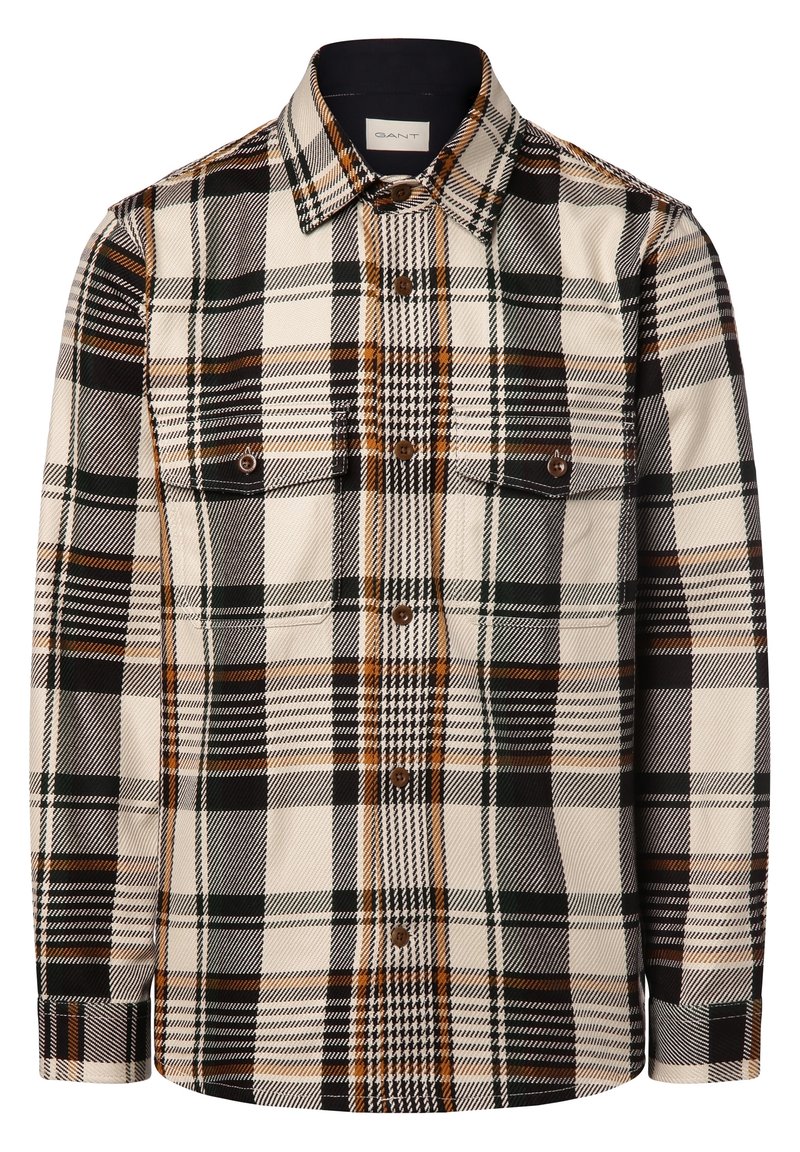 Langarm overhemdd met een bruin, zwart en crème ruitpatroon, borstzakken en een kraag, met het label GANT binnenin de nek.