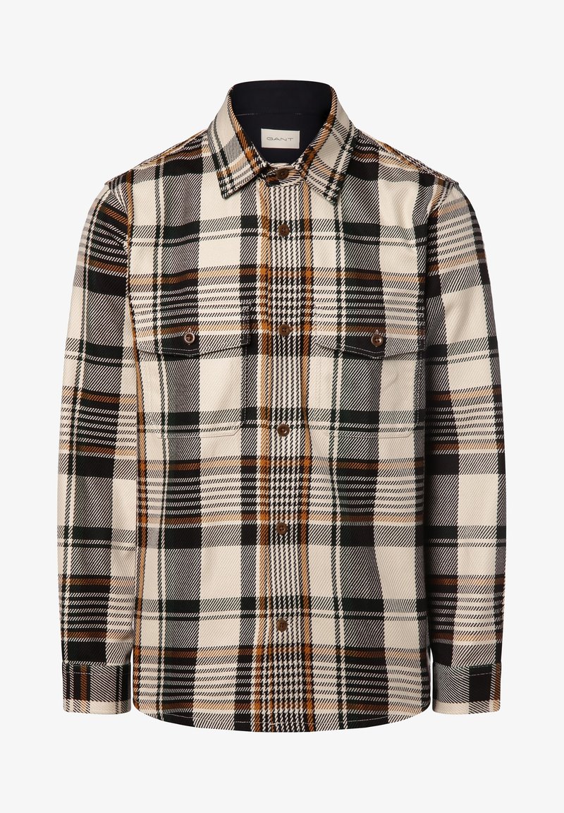Langarm overhemdd met een bruin, zwart en crème ruitpatroon, borstzakken en een kraag, met het label GANT binnenin de nek.