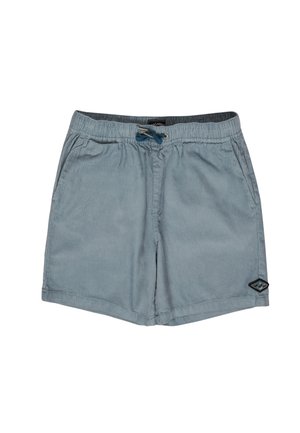 Short en velours côtelé bleu clair avec taille élastique, cordon bleu marine, poches latérales et petit écusson noir avec logo sur l'ourlet de la jambe gauche.