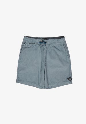 Lichtblauwe corduroy shorts met elastische tailleband, navy trekkoord, zijzakken en een klein zwart logopatchje op de zoom van het linkerbeen.