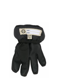 Mănuși negre cu palmă din piele texturată și manșetă din țesătură moale. Au un label pentru mărimi și numele copiilor. Potrivite pentru utilizarea în vreme rece.