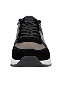 Black and grey suede and leather sneaker with a round toe, flat laces, and a contrasting white rubber sole. Features stitching accents.