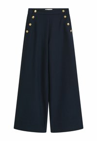 Pantalons larges bleu marine en tissu lisse, dotés de boutons dorés sur les poches avant et d'une taille ajustée.