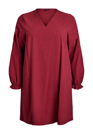 Langärmliges, dunkelrotes Tunika-Kleid mit V-Ausschnitt und gerafften elastischen Manschetten an den Ärmeln, vor einem weißen Hintergrund präsentiert.