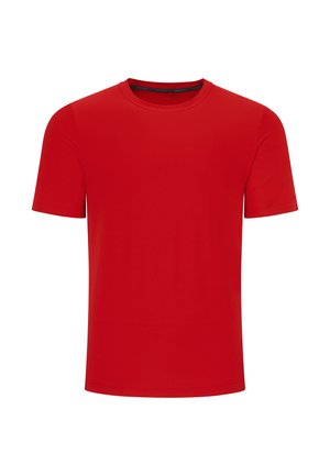 Rode T-shirt met korte mouwen, gemaakt van gladde stof met een ronde hals en een effen kleur. Het heeft een minimalistisch ontwerp zonder zichtbare logo's of patronen.