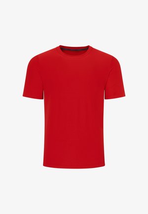 Rød t-shirt med korte ærmer lavet af glat stof, med rund hals og ensfarvet design, der har et minimalistisk udtryk uden synlige logoer eller mønstre.