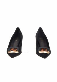 Scarpe nere in suede a punta con una fibbia dorata e un dettaglio in stampa leopardata sulla fibbia. Texture liscia, design elegante.