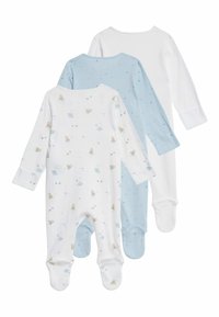 Body per neonati a tre piedi: bianco con stampa di razzi, azzurro chiaro uniforme, azzurro chiaro con motivo a pois. Tessuto di cotone, maniche lunghe, chiusura a pressione.
