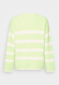 Maglione lavorato a maglia verde chiaro con strisce orizzontali bianche e maniche lunghe, mostrato disteso da dietro.
