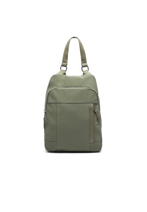 Olive green backpack with a smooth texture, featuring a front zip pocket and adjustable straps. Simple, rectangular design with subtle accents.