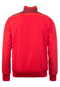 Rote Trainingsjacke mit langen Ärmeln, hohem Kragen und elastischen Bündchen. Glatte Textur, minimales Design, keine sichtbaren Logos oder Muster.