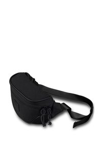 Sac bandoulière en tissu noir avec une forme arrondie, compartiment zippé et sangle ajustable. Présente une surface texturée et des tirettes décoratives.